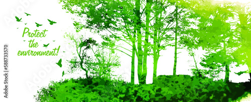Silhouette green trees in the forest. Vector illustration