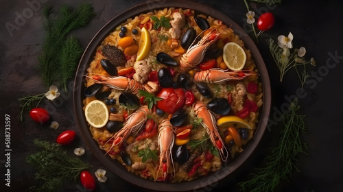 Paella with many ingredients. Generative AI