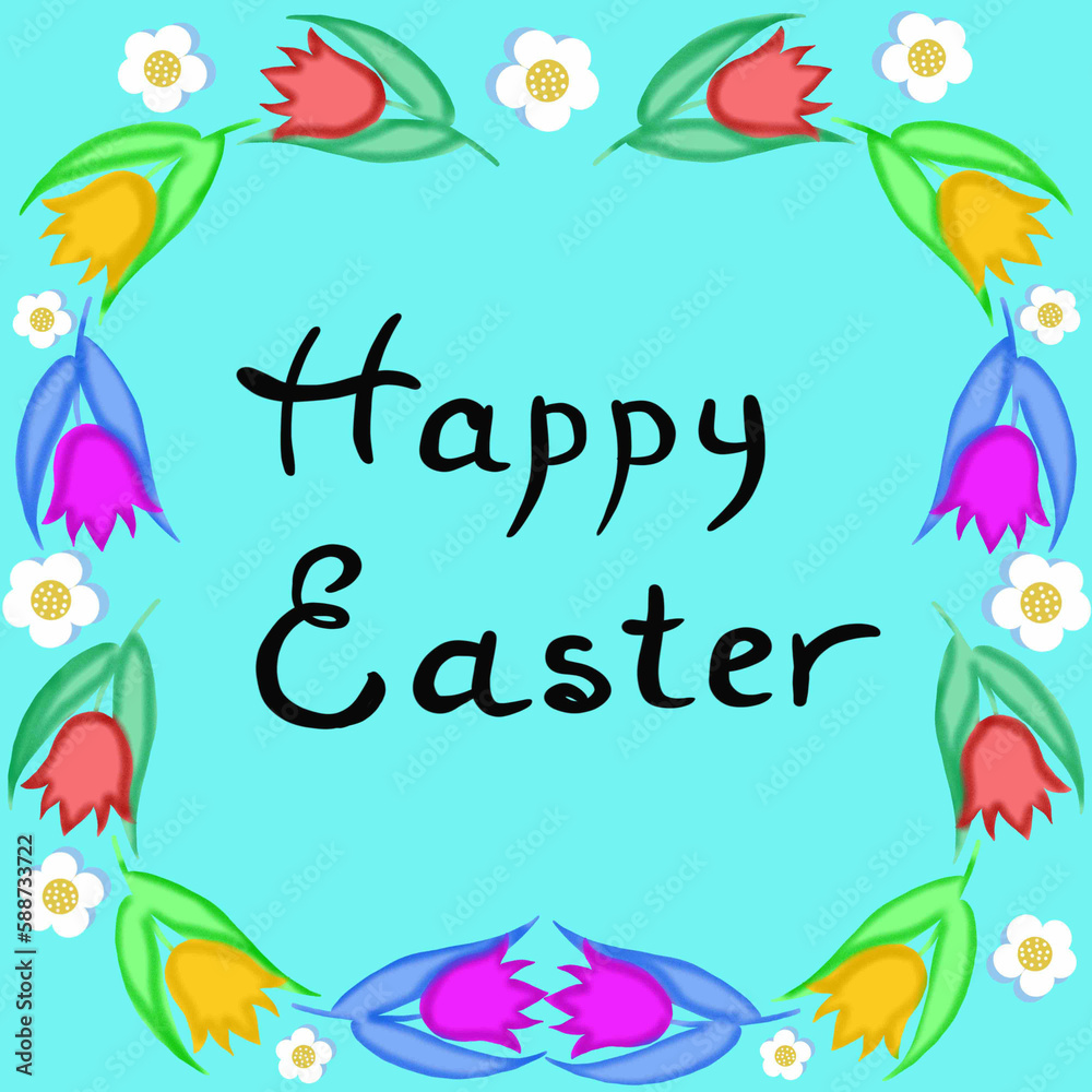 a frame of spring tulips, daisies, pink.purple, yellow and green leaves.happy Easter a frame of spring tulips, daisies, pink.purple, yellow and green leaves.happy Easter