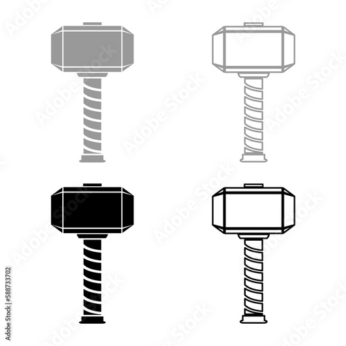 Thor's hammer Thor Mjolnir viking scandinavian mythology superhero norse weapon set icon grey black color vector illustration image solid fill outline contour line thin flat style