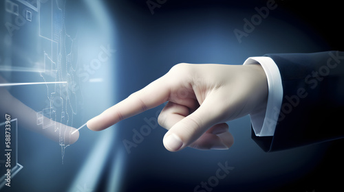 Businessman Directing Attention to Tech Screen with Pointing Hand for Technological Advancement generative ai