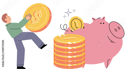 Successful businessman hold piggybank collect dollar coins for good financial investment. Happy man receive profit or income in piggy bank from savings. Invest, finance concept. Personal budget