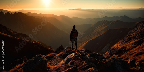Summit Sunrise. Awe and Accomplishment of a Hiker on a Mountain Peak at Sunrise. Generative AI © Bartek