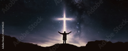 A silhouette of a worshiping person with their arms lifted appears next to a Christian cross sign in the night sky.. Generative AI