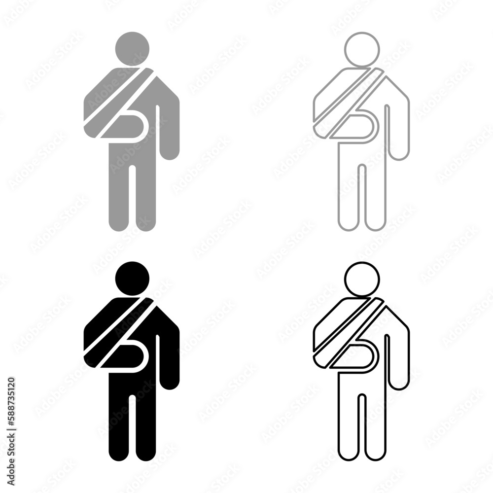 Man with broken arm hand gypsum injured stick using sticks person trauma concept elastic bandage on human immobilize support bone sling cast fracture trauma set icon grey black color vector Man with broken arm hand gypsum injured stick using sticks person trauma concept elastic bandage on human immobilize support bone sling cast fracture trauma set icon grey black color vector