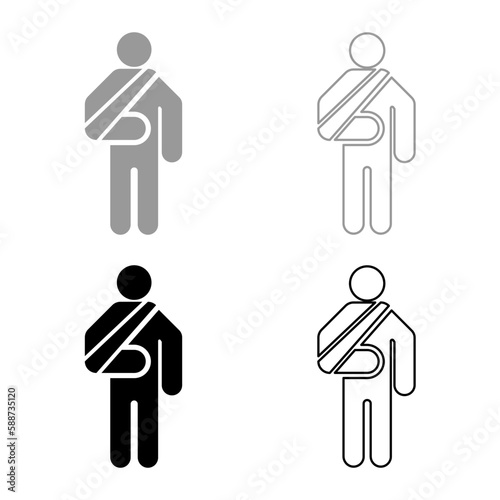 Man with broken arm hand gypsum injured stick using sticks person trauma concept elastic bandage on human immobilize support bone sling cast fracture trauma set icon grey black color vector 