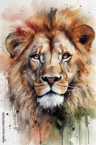 Delicate Watercolor Portrait of a Lion in Realistic Style Generative AI