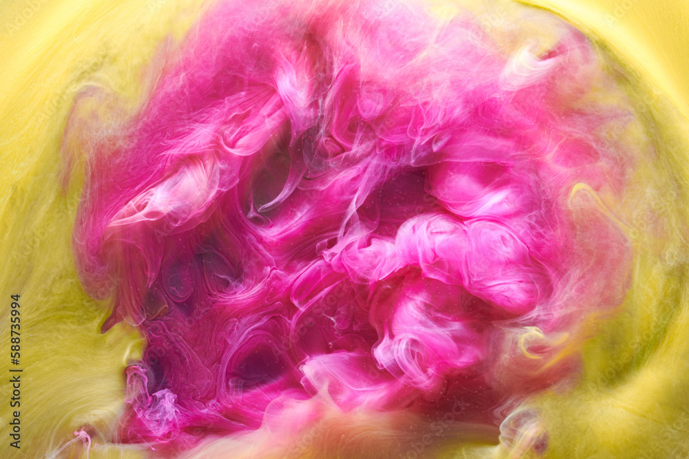 Pink yellow contrast liquid art background. Paint ink explosion, abstract clouds of smoke mock-up, watercolor underwater