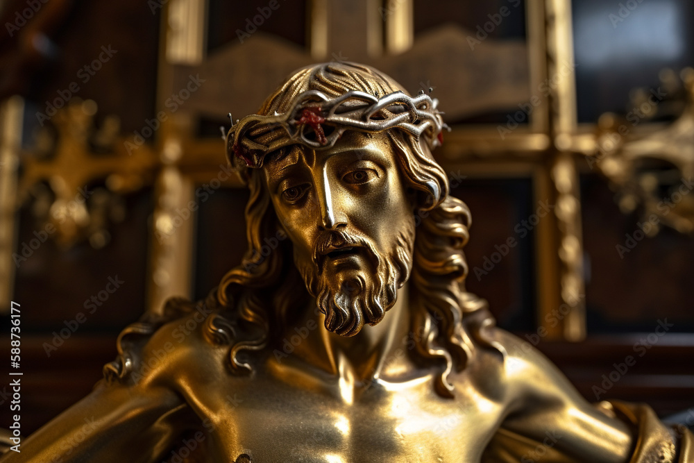 Jesus Christ golden or gold statue with thorns. Christianity messiah or saviour most important figure. Crucifiction and resurrection religious faith symbol. Ai generated Jesus Christ golden or gold statue with thorns. Christianity messiah or saviour most important figure. Crucifiction and resurrection religious faith symbol. Ai generated