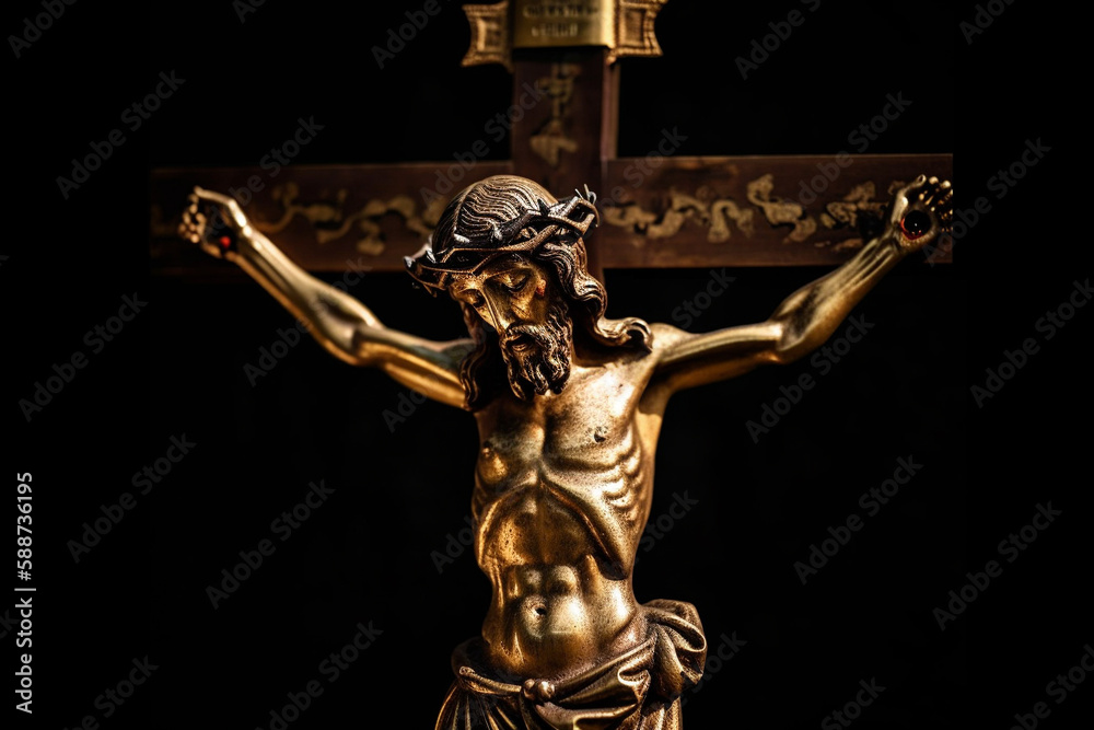 Fototapeta premium Jesus Christ golden or gold statue with thorns. Christianity messiah or saviour most important figure. Crucifiction and resurrection religious faith symbol. Ai generated