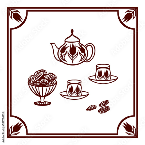 Iftar arrangement with teapot, cups and dried dates. Ramadan vector illustration. Greeting cards, holiday banners, decorative elements, invitations.