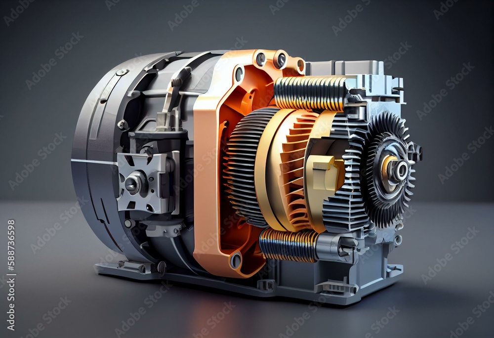 Cutaway view of Electric Vehicle Motor on gray background. 3D rendering image. Generative AI - obrazy, fototapety, plakaty 