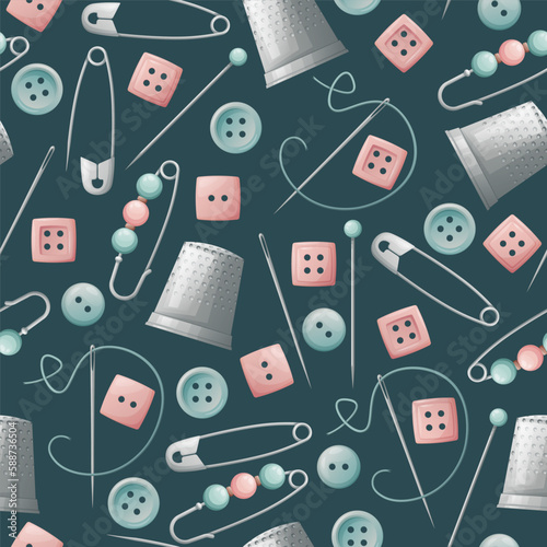 Seamless pattern with pins, thimble and buttons. Sewing atelier, needlework, hobby. Suitable for fabric, wallpaper, decor, clothes, wallpaper