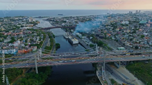 Traffic on Juan Bosch and Juan Pablo Duarte bridges crossing Ozama River; aerial photo