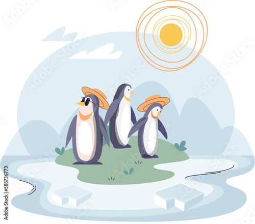 Group of penguins suffering standing on small green hill surrounded by melting ice in Antarctic cold landscape with iceberg and bright sun. Melting glaciers due to global warming, climate change