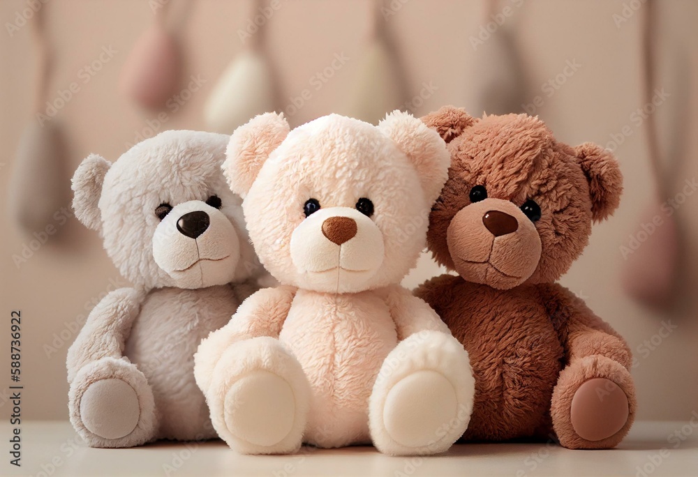 Smiling white, light brown and dark brown teddy bears sitting on table