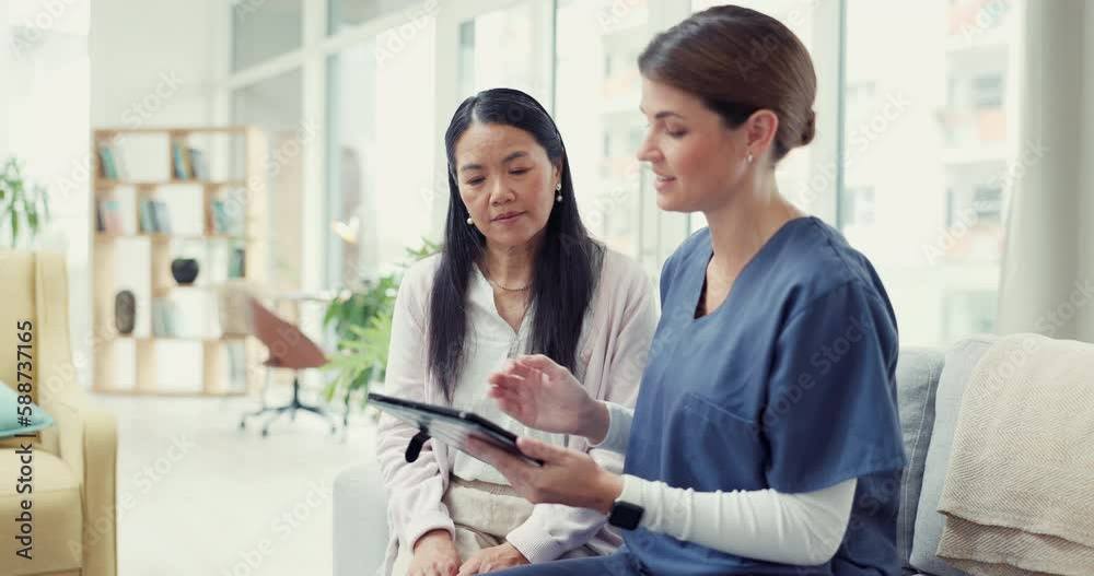 Tablet, consulting or nurse speaking to woman of medical report results or news about rehabilitation. Consultation, digital or doctor talking or explaining to a mature Asian person for helping advice Tablet, consulting or nurse speaking to woman of medical report results or news about rehabilitation. Consultation, digital or doctor talking or explaining to a mature Asian person for helping advice