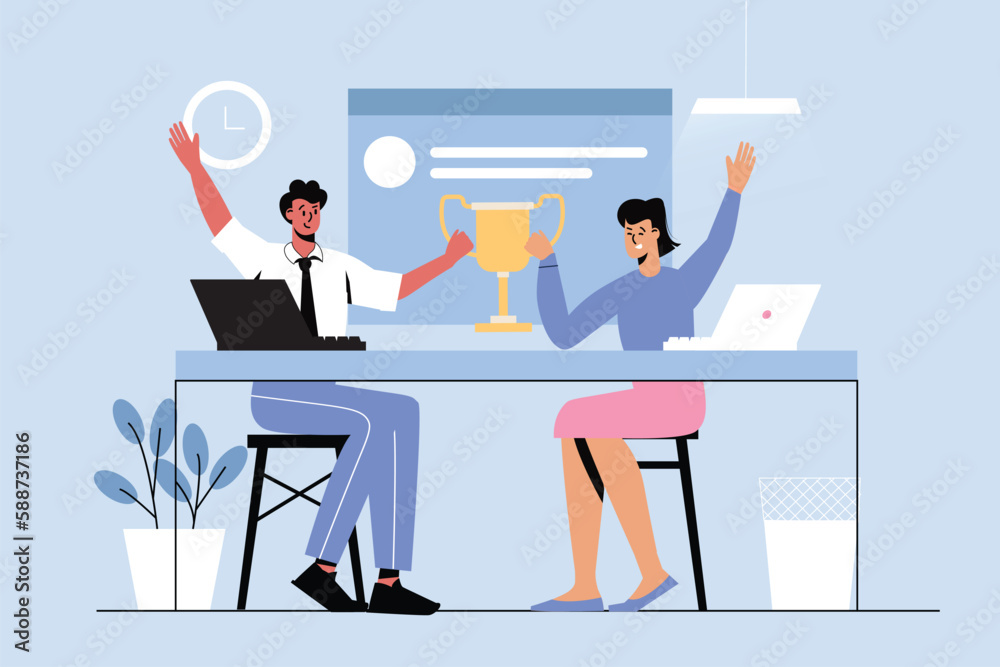 Fototapeta premium Business success blue concept with people scene in the flat cartoon design. Business people are happy for joint success in their business. Vector illustration.