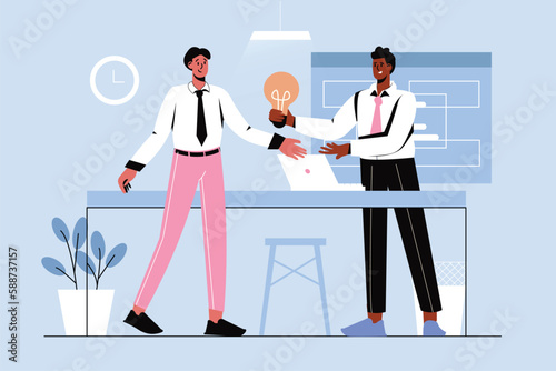 Business solution blue concept with people scene in the flat cartoon style. Two business colleagues make important decisions to improve their business . Vector illustration. © Andrey