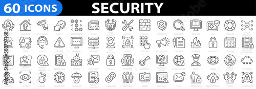 Security 60 icon set. Cyber Security and internet protection icons. Secured payment, encryption, safety, insurance, data protection, detector, sensor, locked, electronic key. Vector illustration