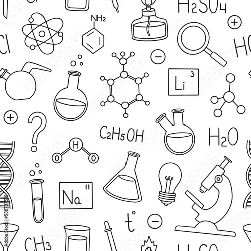 Seamless pattern of chemistry doodle. Chemical laboratory equipment in sketch style. Flasks, formulas, microscope, burner Hand drawn vector illustration