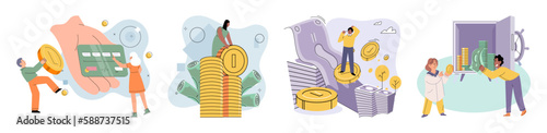 Businessman investor with coins. Employee or entrepreneur puts money in secret safe, calculates profit. Financial literacy and passive income, successful investor. Person stands holding bank card