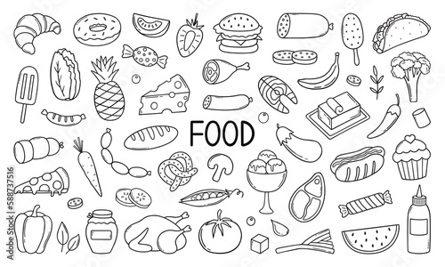 Food ingredient doodle set. Fruits, vegetables, sweets, bakery, fast food in sketch style. Hand drawn vector illustration isolated on white background