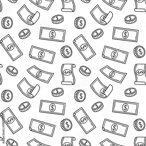 Seamless pattern of raining money doodle. Falling Dollar Banknotes, gold coins in sketch style. Vector illustration