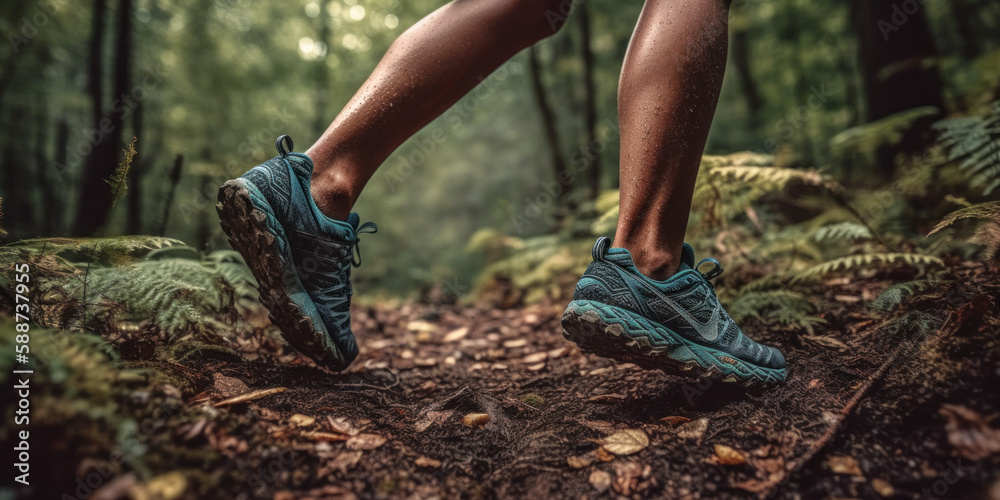 Lady trail runner on a forest path, close-up of her trail running shoes. The runner in motion, with both feet lifted off the ground. Generative AI Lady trail runner on a forest path, close-up of her trail running shoes. The runner in motion, with both feet lifted off the ground. Generative AI