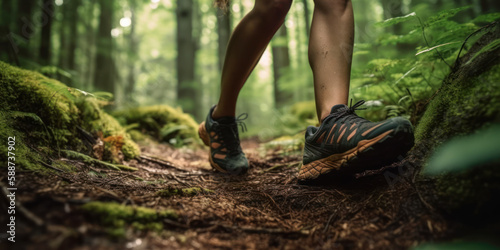 a lady trail runner on a forest path with a close-up of her trail running shoes. The runner should be shown in motion. Generative AI