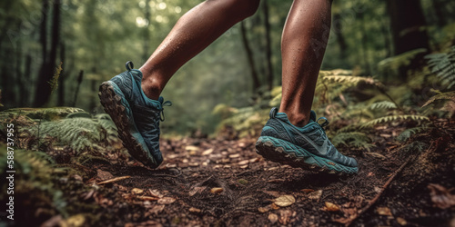 Lady trail runner on a forest path, close-up of her trail running shoes. The runner in motion, with both feet lifted off the ground. Generative AI