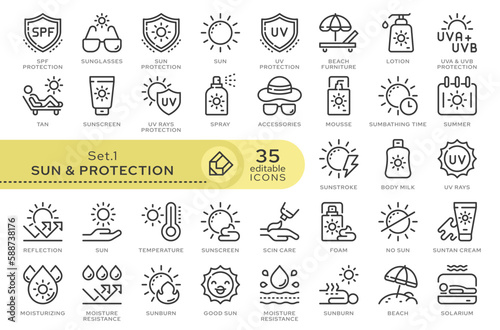 Set of conceptual icons. Vector icons in flat linear style for web sites, applications and other graphic resources. Set from the series - Sun Protection. Editable outline icon.	 photo