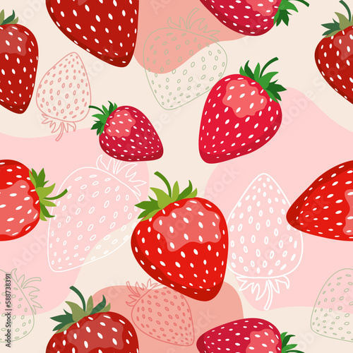 Seamless vector pattern with red strawberries on a pink background with spots in a flat style. Ideal for print, wrapping paper, wallpaper, fabric, design. photo