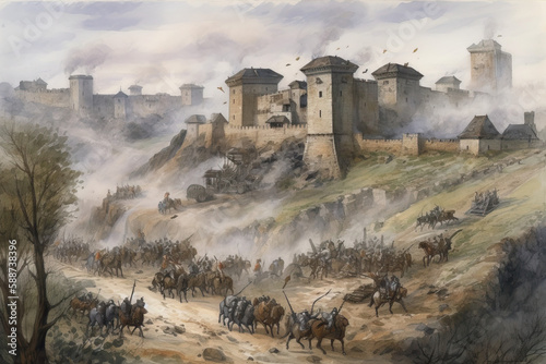 Fotografia Medieval fortress under attack  watercolor painting Generative AI