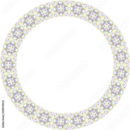 Oriental round frame with arabesques and floral motifs. Copy space. Vector clip art.