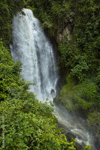 Waterfall Cascada de Peguche in the northeast of Otavalo, Ecuador, South America 