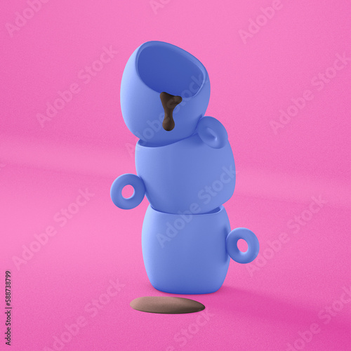 Blue ceramic mugs on pink background. Background with copyspace. Cup with coffee drops. Family, craft shop, friendly company concept. 3d render, 3d illustration.