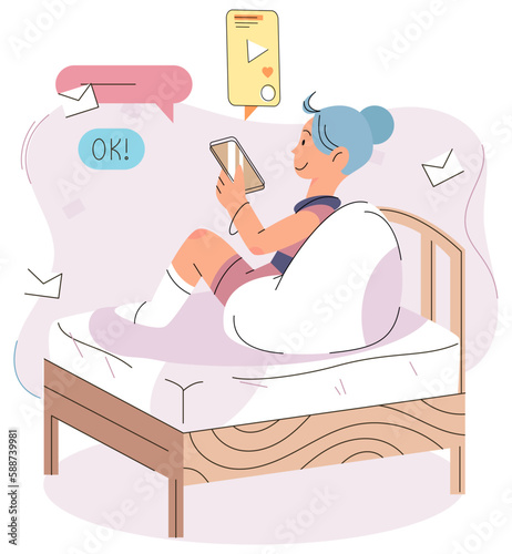 Girl in bed looks at phone, cannot sleep. Smartphone addiction prevents girl from falling asleep. Child use gadget to study at school, send message to friend. Online communication, smart technologies