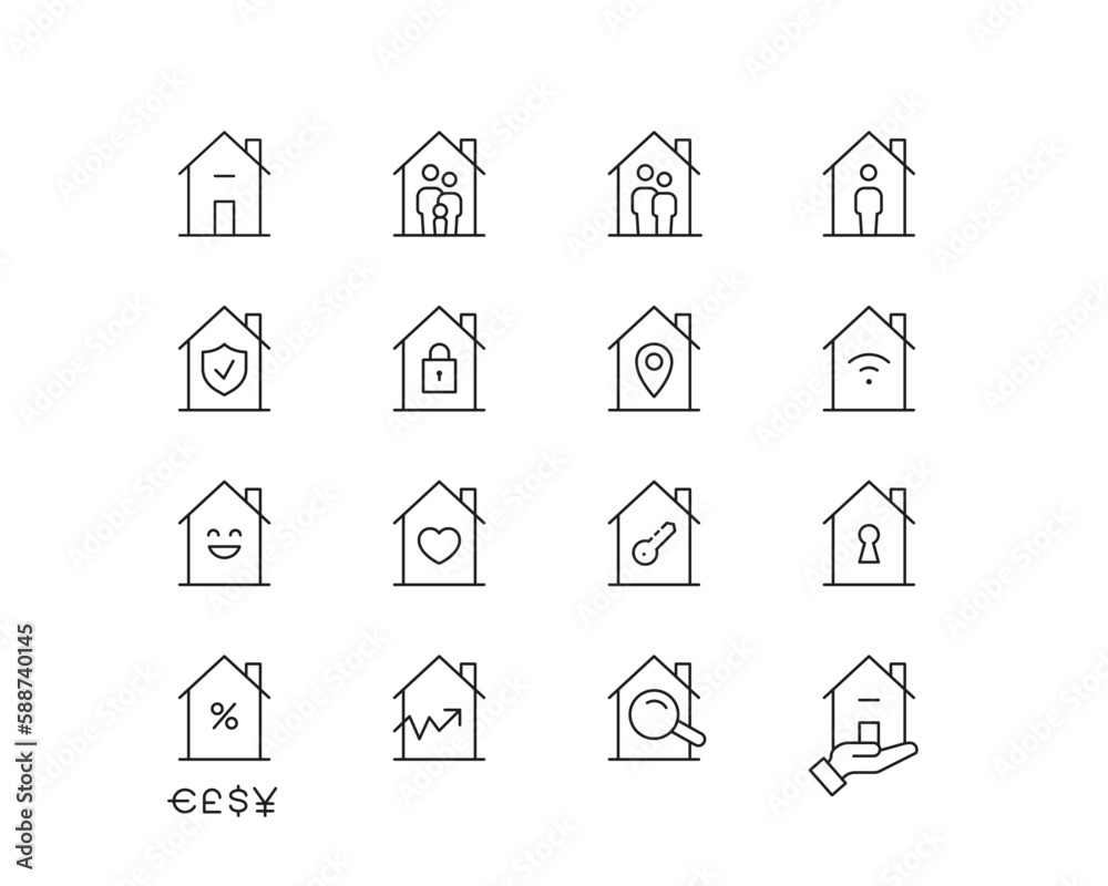 Simple House Concepts Icon collection containing 16 editable stroke icons. Perfect for logos, stats and infographics. Change the thickness of the line in Adobe Illustrator (or any vector capable app). Simple House Concepts Icon collection containing 16 editable stroke icons. Perfect for logos, stats and infographics. Change the thickness of the line in Adobe Illustrator (or any vector capable app).