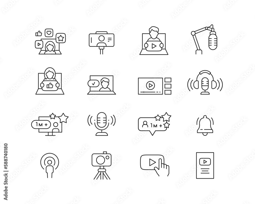 Video and Podcast Icon collection containing 16 editable stroke icons. Perfect for logos, stats and infographics. Change the thickness of the line in Adobe Illustrator (or any vector capable app).