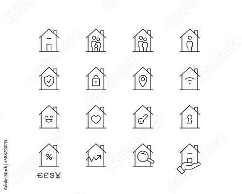 Simple House Concepts Icon collection containing 16 editable stroke icons. Perfect for logos, stats and infographics. Change the thickness of the line in Adobe Illustrator (or any vector capable app).
