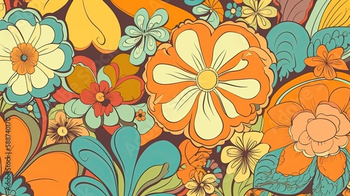 Wallpaper Mural Retro 70s poster art featuring trippy LSD patterns and flower power motifs in shades of orange, yellow, green and pale blue. Generative AI Torontodigital.ca