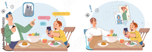 Fototapeta Naklejka Na Ścianę i Meble -  Little boy using tablet, child watching smartphone while eating at kitchen at home. Irritated dad is nervous that kid distracted during feeding and spends too much time with gadgets, phone addiction