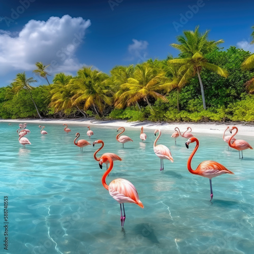 Flamingos in shallow water, created with Generative AI technology.