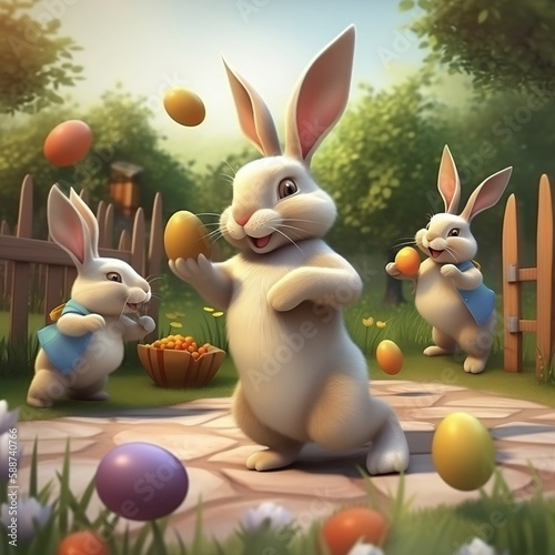 Easter bunnies playing with eggs in a garden. Created using generative AI.