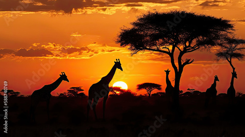 Girrafes in the savannah and sunset  created with Generative AI technology.