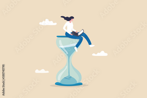 Working with time count down, project deadline or time management, urgent work, productivity or work efficiency concept, businesswoman working with computer laptop on time passing sandglass.