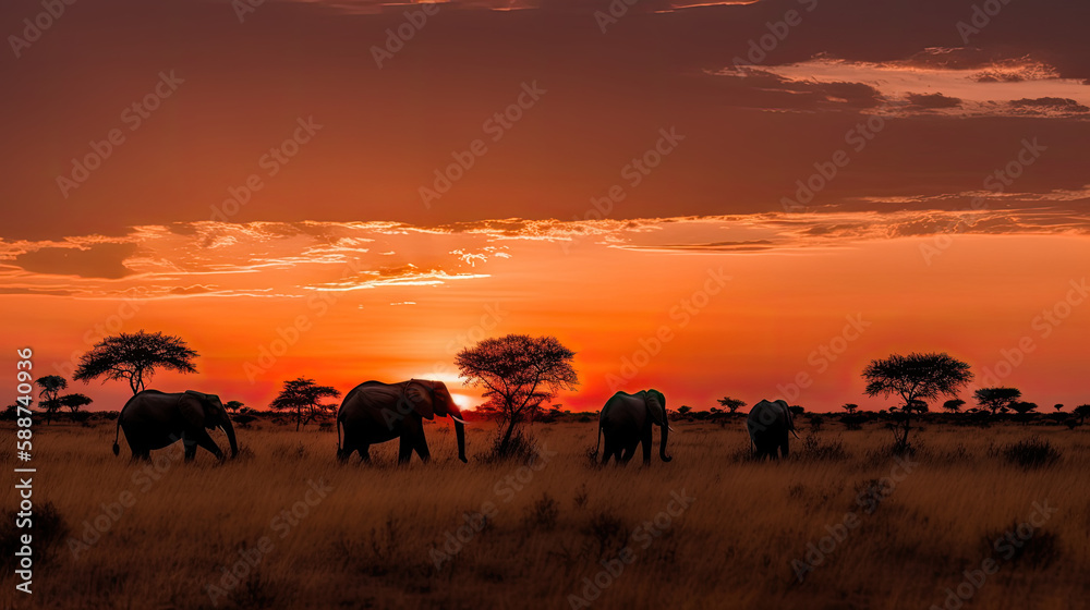 Elephants at sunset in the savannah, created with Generative AI technology.