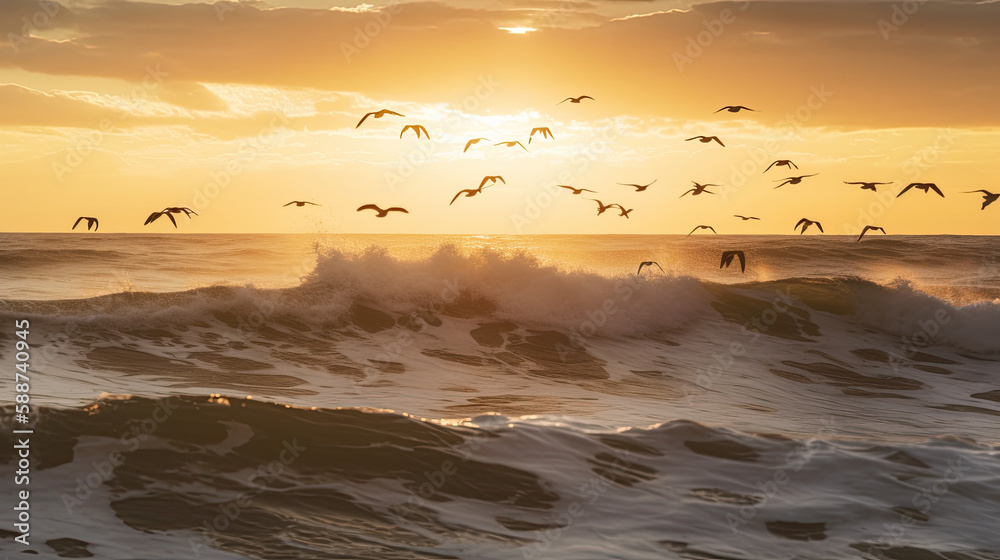 A flock of seagulls flying over the waves, created with Generative AI technology.