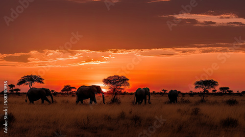 Elephants at sunset in the savannah  created with Generative AI technology.